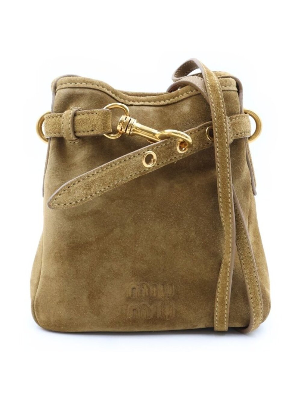 Miu Miu Suede Logo Embossed Shoulder Bag Brown Gold